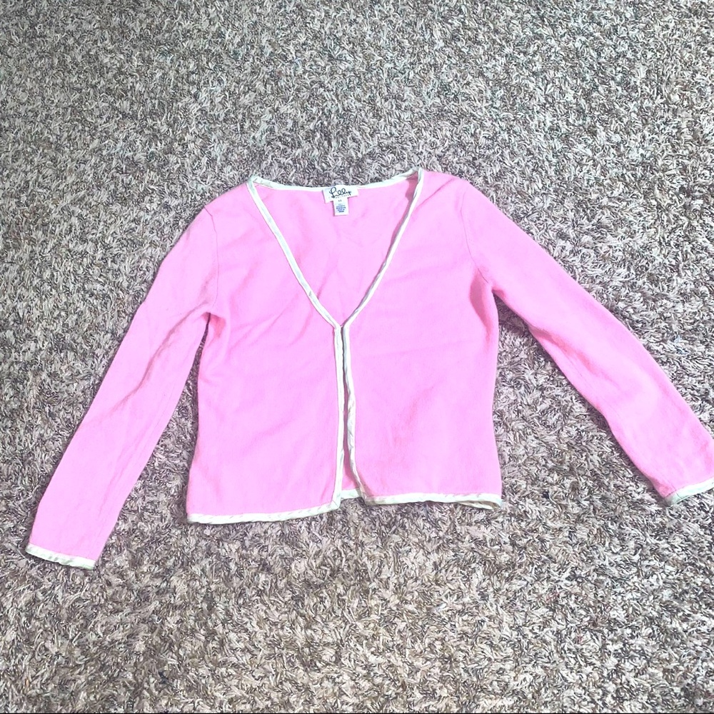 Lilly Pulitzer Pink with Mint Green & White 100% Cashmere  Cardigan Cropped XS